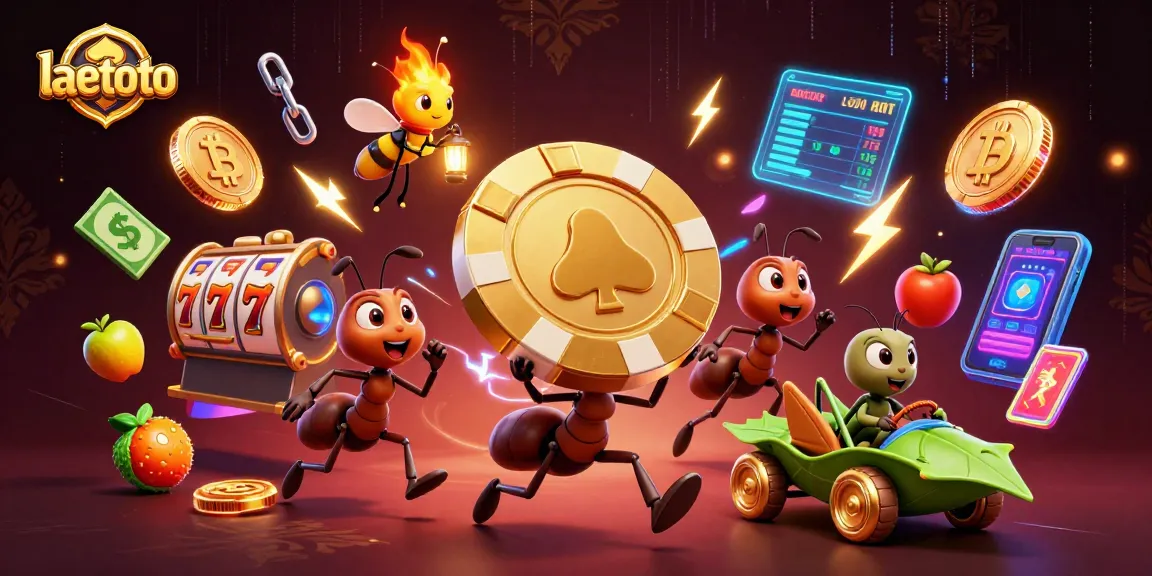Engage with laetoto's thrilling gambling world as ants stealthily carry a giant poker chip in a vibrant 3D scene.