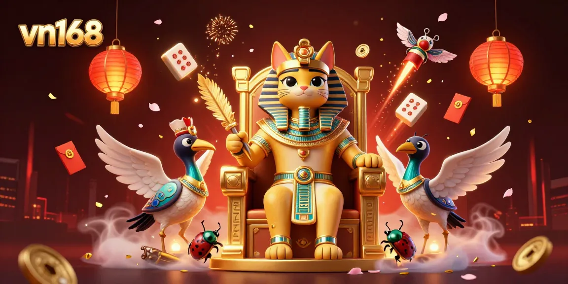 Experience vn168 with a vibrant 3D illustration of gambling elements and Egyptian themes.