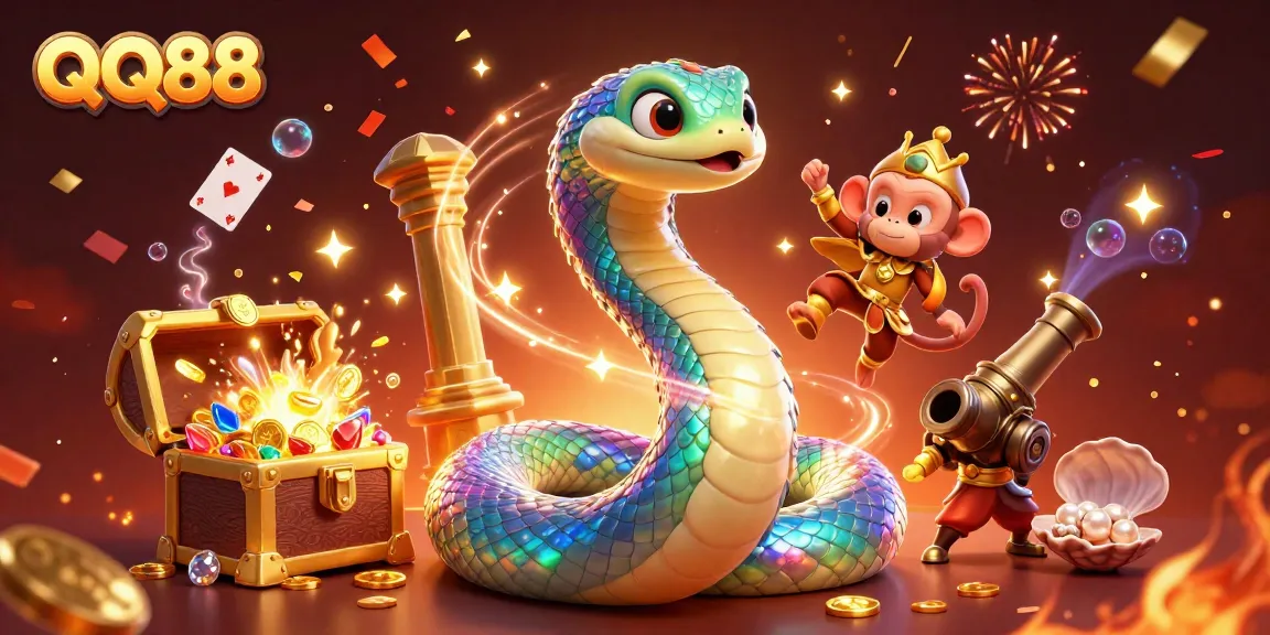 Experience QQ88 thrills with a vibrant casino scene of a magical serpent and monkey king amidst treasures and cards.