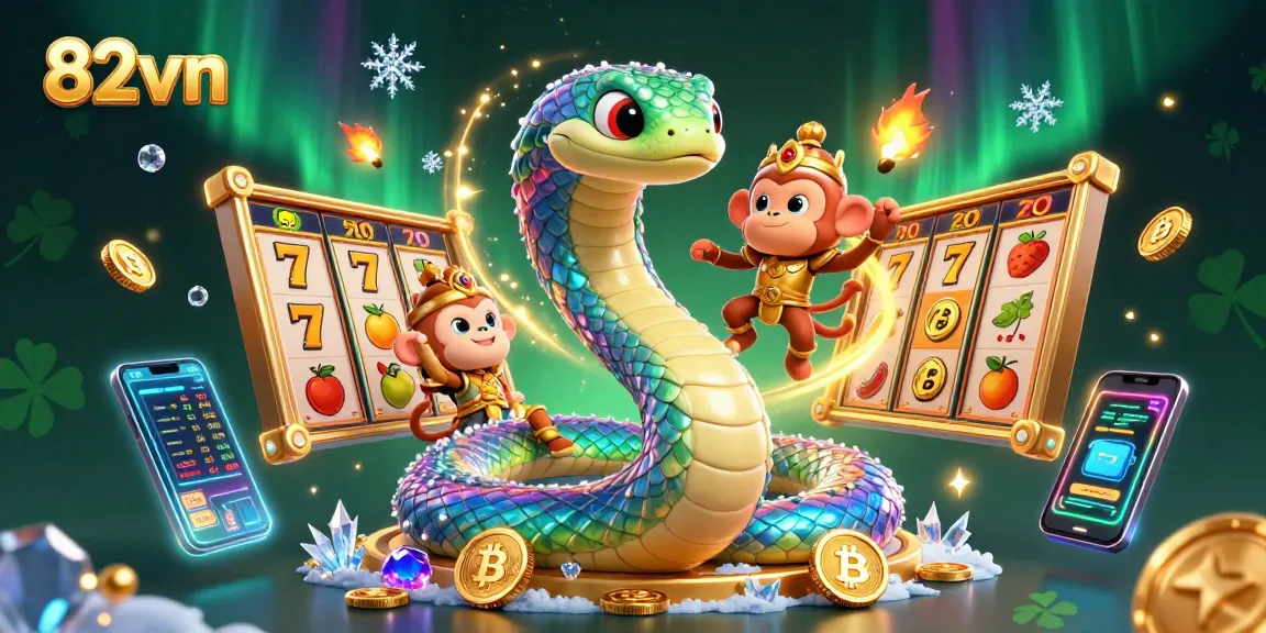 Engage with the vibrant world of 82vn, showcasing a dynamic casino scene filled with slots and lively characters.