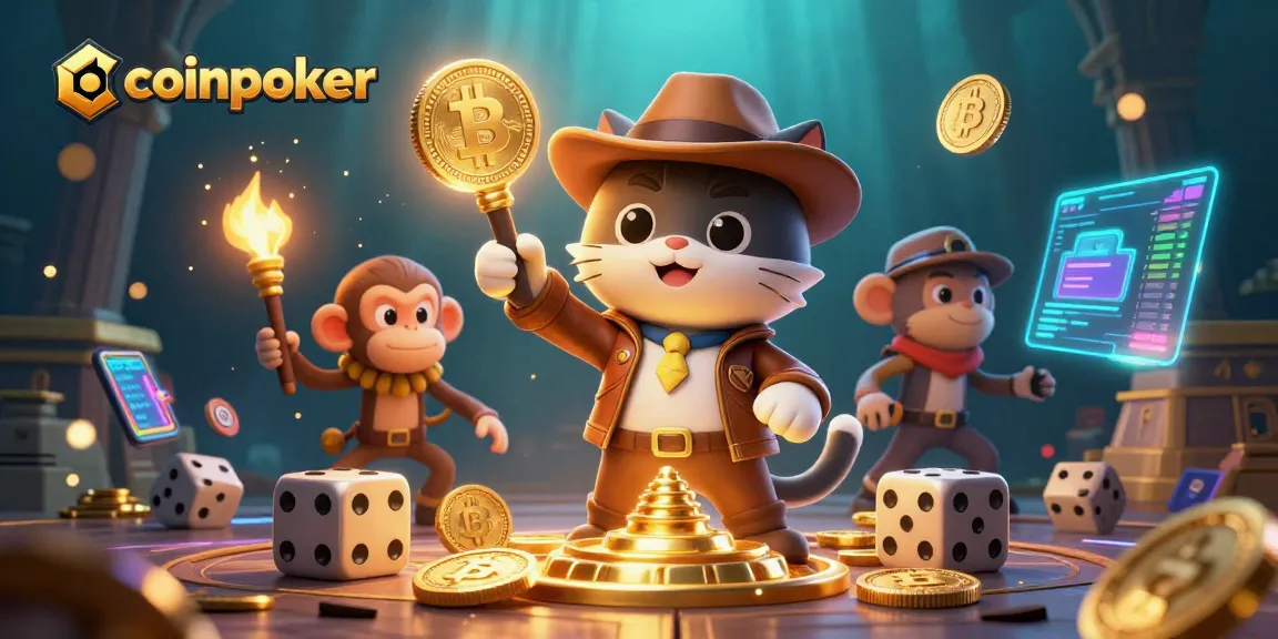 Découvrez l'univers du coinpoker avec un chat archéologue et son compagnon, explorant un artefact de casino.