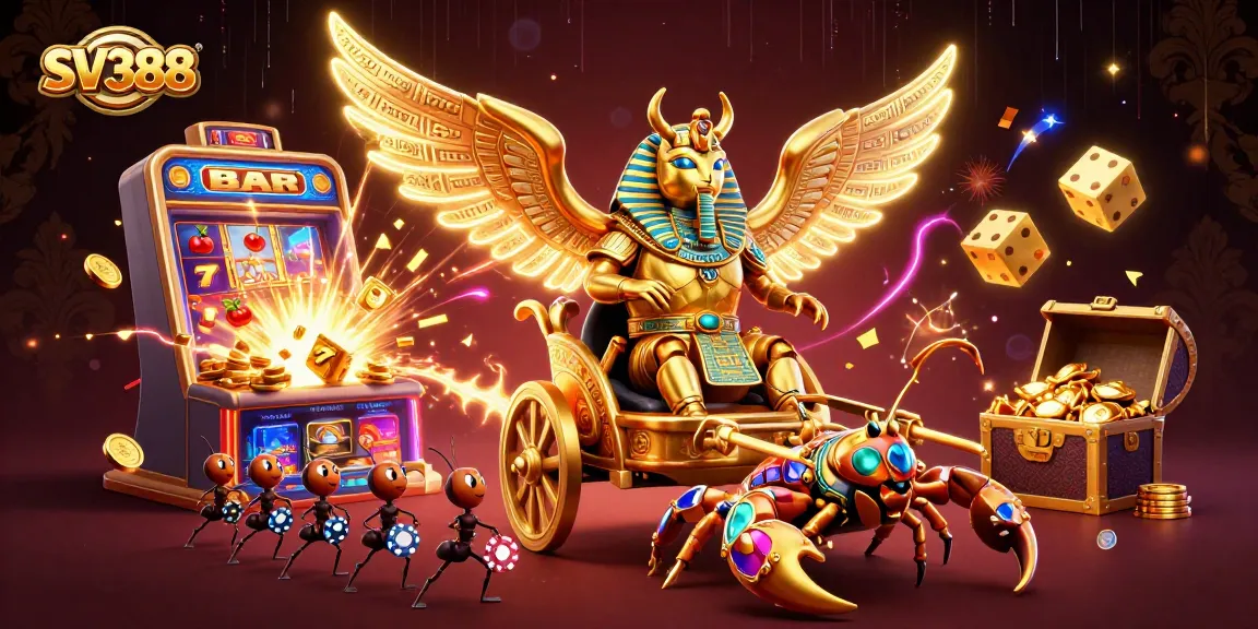 Experience thrilling action with SV388's golden beetle championing a vibrant casino scene.
