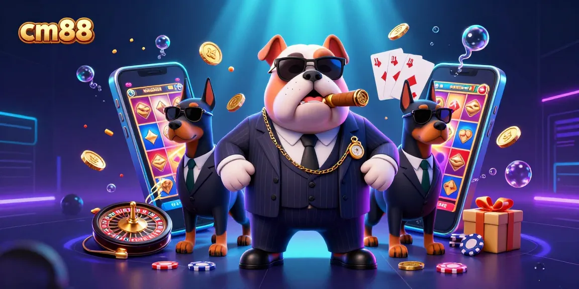 Engage with cm88's vibrant casino scene featuring thrilling slots and high stakes around a mafia dog.