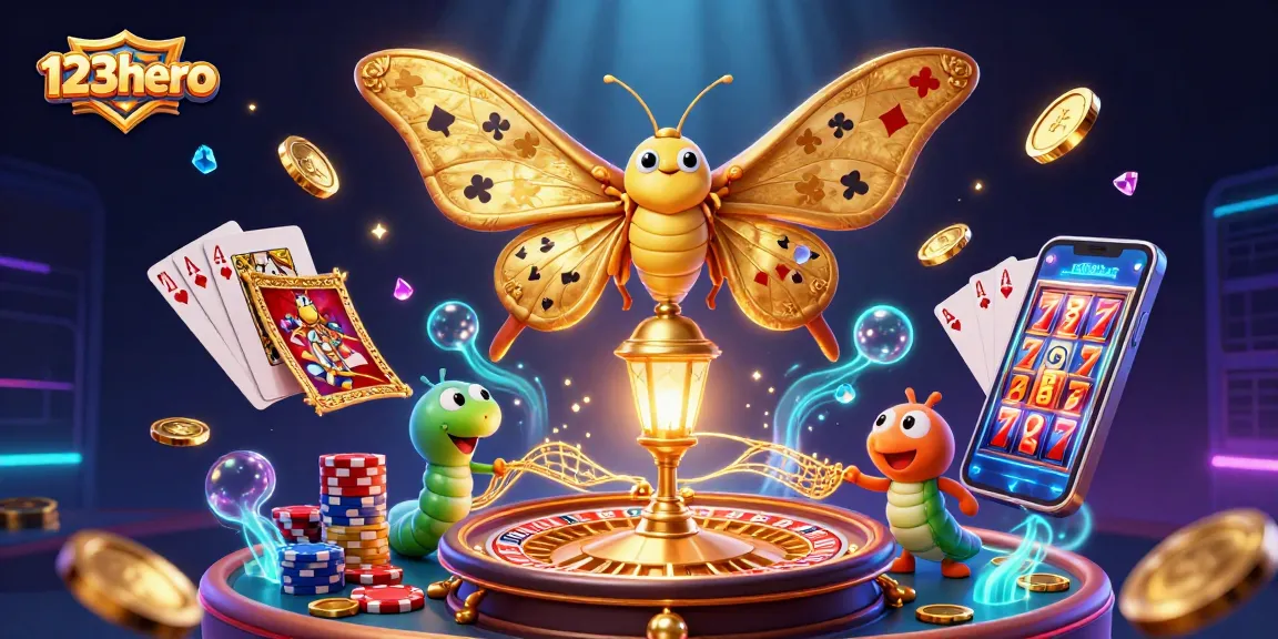 Win big with 123hero, featuring magical golden moths and casino treasures in a vibrant illustration.