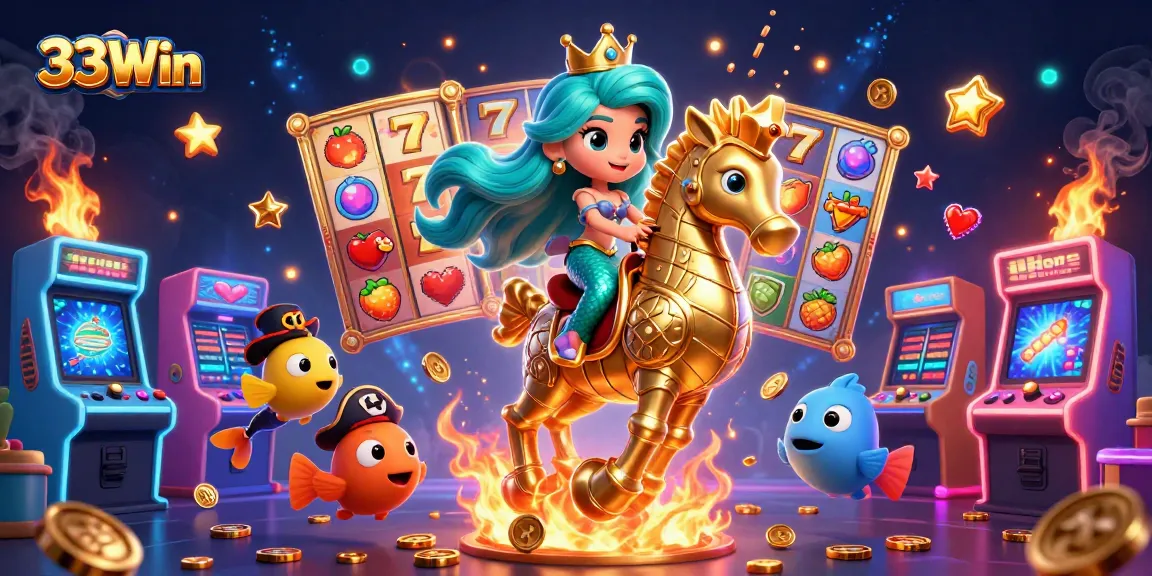 Engage with 33Win's exciting casino adventure featuring a mermaid princess and vibrant slot elements.