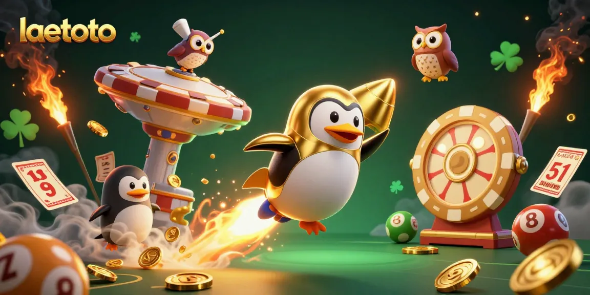 Engage with laetoto's vibrant lottery scene featuring a dynamic penguin, golden coins, and colorful game elements.