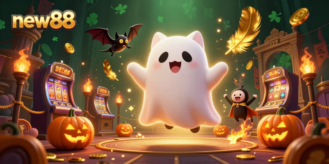 Experience the thrilling games on new88 with our entertaining ghost cat in a haunted casino scene.