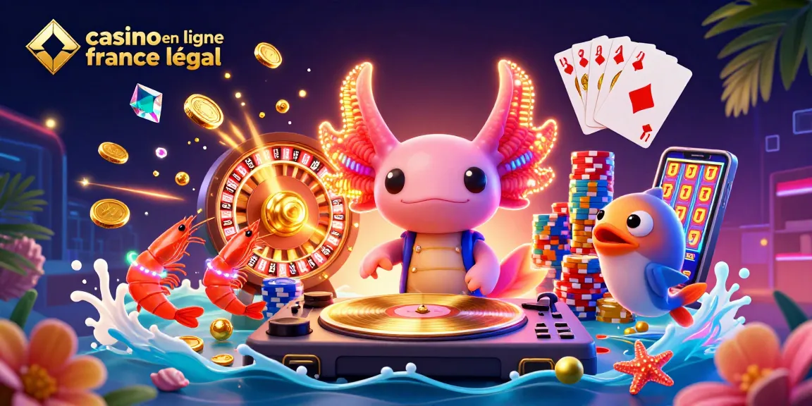 Pour jouer sur un casino en ligne légal en France, un axolotl DJ anime une scène vibrante de gains et d'excitation.
