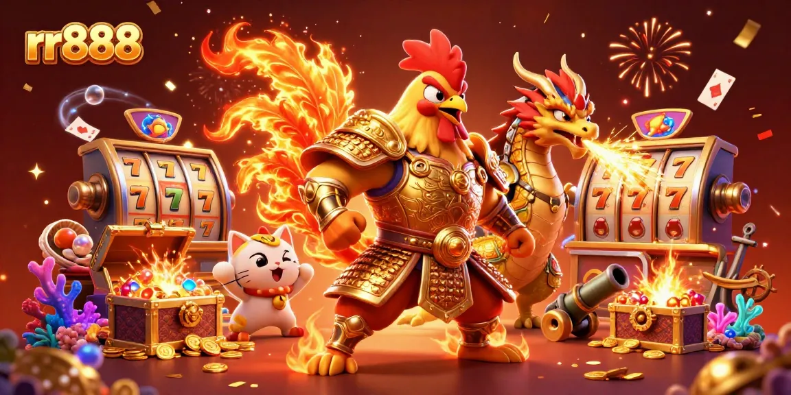 Experience the thrill of rr888 in this vibrant 3D casino scene featuring a fighting rooster, dragon, and treasures.