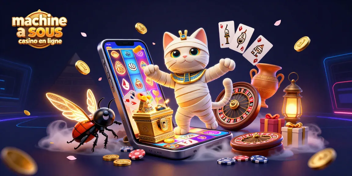 Jouez à une machine à sous casino en ligne au sein d'une scène de casino animée avec un chat momie et des éléments éclatants.