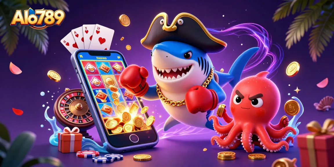 Alo789 entertains with a vibrant 3D illustration showcasing a pirate shark, boxing pufferfish, and treasure-holding octopus.