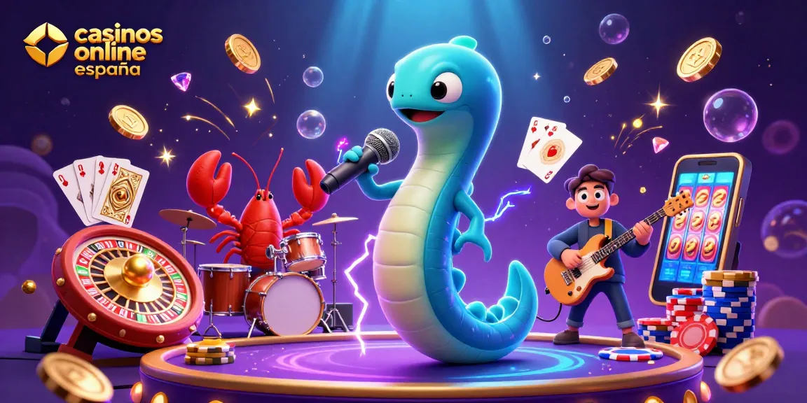 Explora casinos online España con tragaperras y juegos en una ilustración animada vibrante.