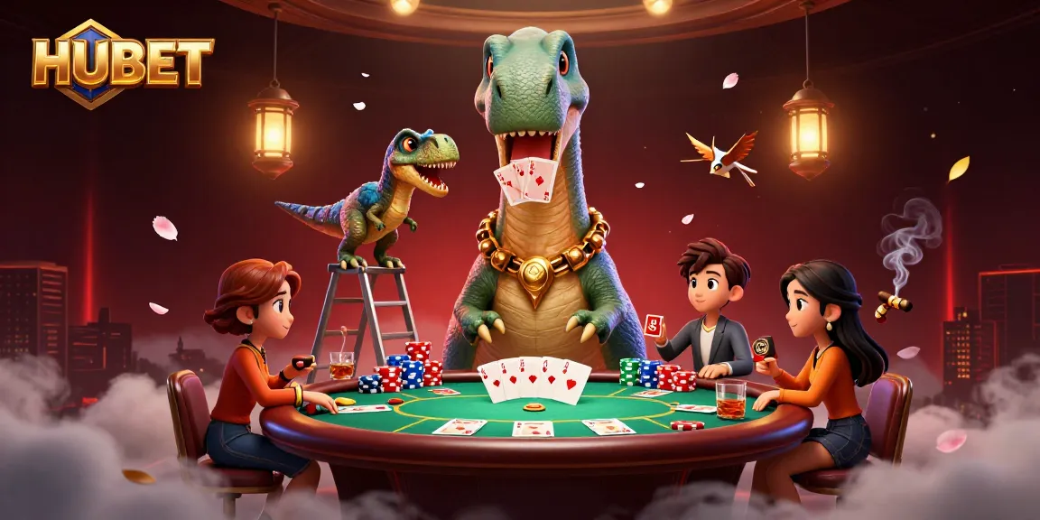Experience HUBET's thrilling 3D casino scene with dynamic characters and poker elements in action.