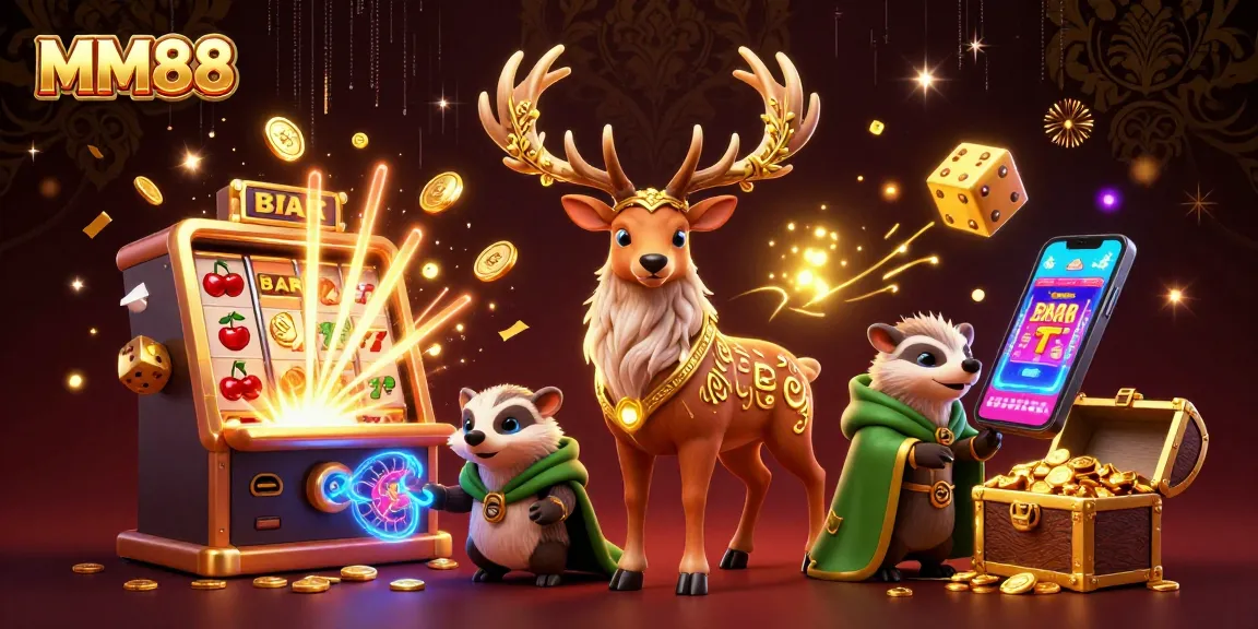 Engage with MM88's vibrant casino scene featuring a druid stag and badger among dynamic slot machines.