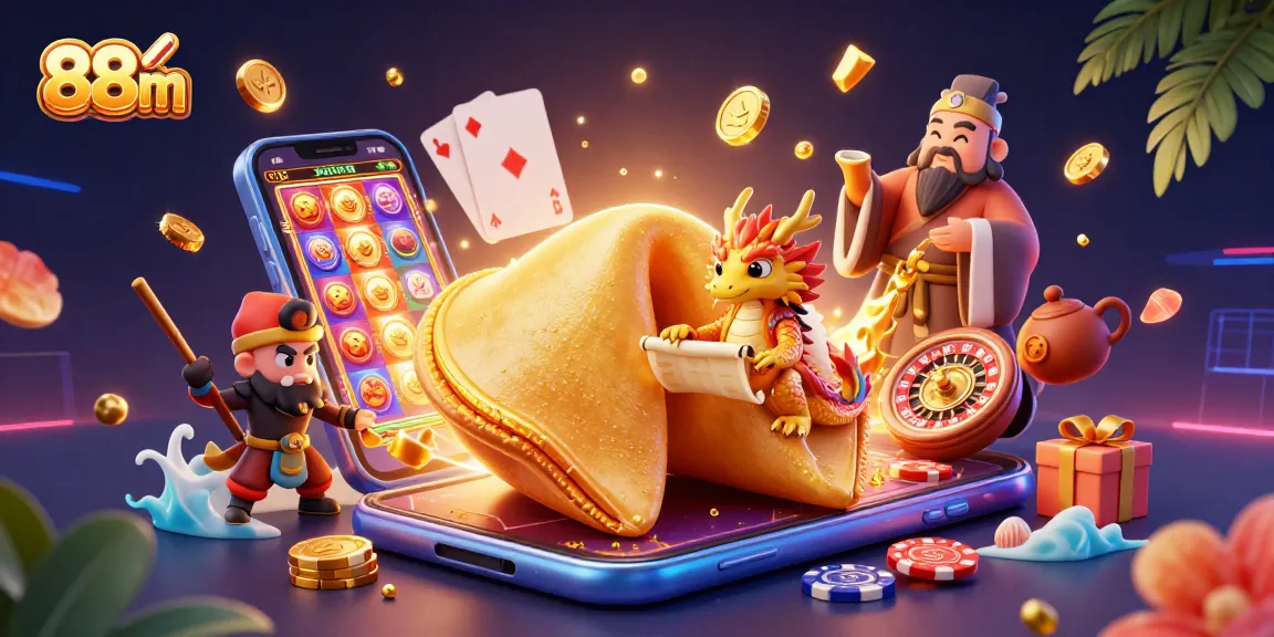 Engage with the vibrant 88m casino world, featuring a golden fortune cookie, dragon, and gaming elements.