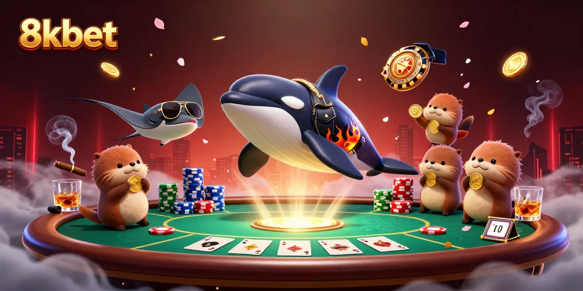 Experience thrilling gameplay at 8kbet with an engaging online casino scene featuring cartoon characters and poker elements.