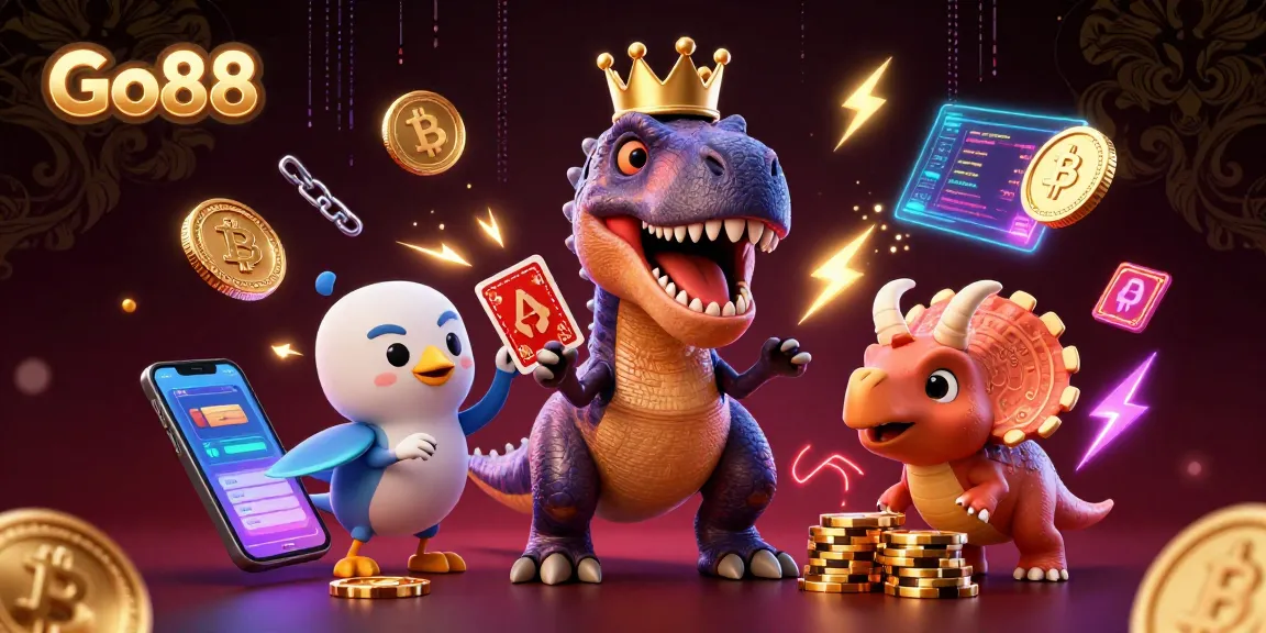Engage in thrilling gameplay at Go88 with a T-Rex shuffling cards, surrounded by neon crypto elements and vibrant gaming atmosphere.