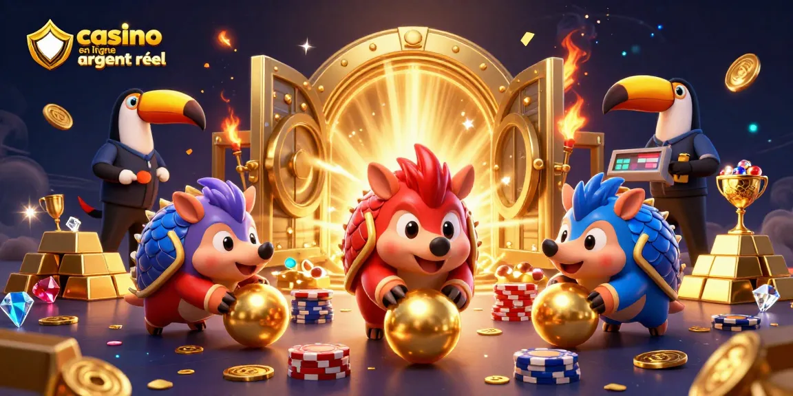 Jouer au casino en ligne argent réel avec des pangolins compétitifs entourés de trésors et de jetons.