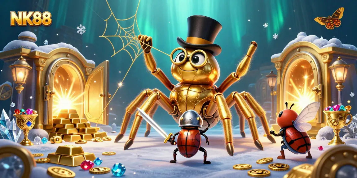 Engage in thrilling gameplay at NK88 featuring a golden tarantula and beetle knight in a vibrant casino scene.