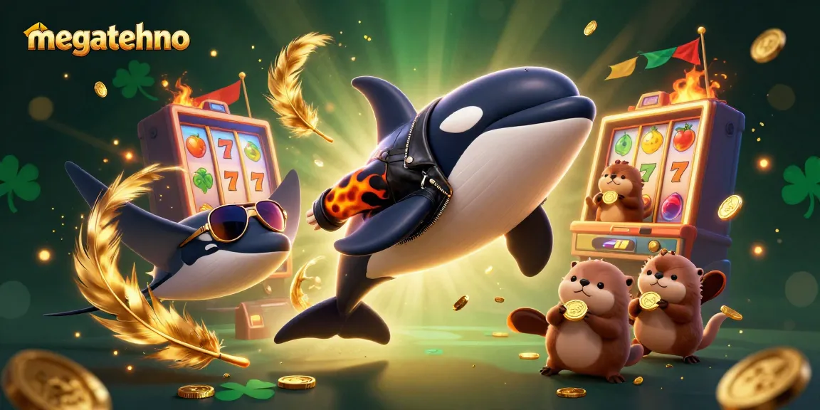 Engage in thrilling gameplay at megatehno with vibrant orca and otters amidst golden riches and slot reels.