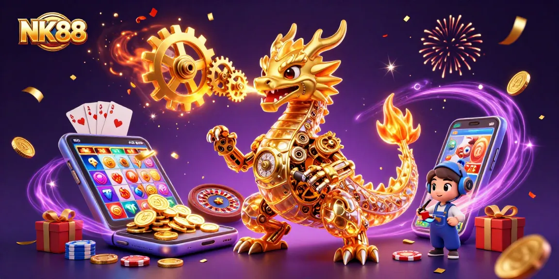 Experience thrilling gaming adventures at NK88 with vibrant golden dragon and magical slot elements.