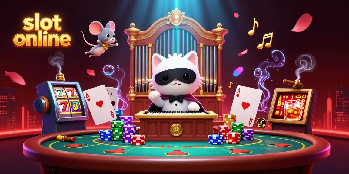 Bermain slot online dengan karakter kucing misterius dan mouse akrobat di lingkungan kasino yang meriah.
