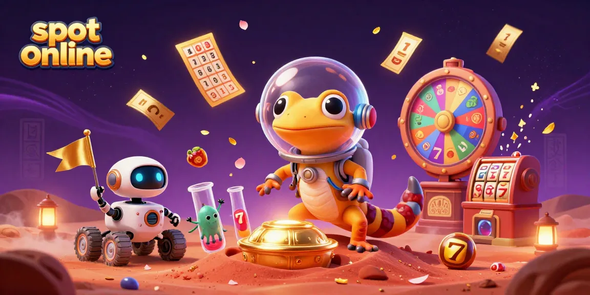Engage with slot online adventures as a Martian gecko discovers a golden casino in this vibrant illustration.