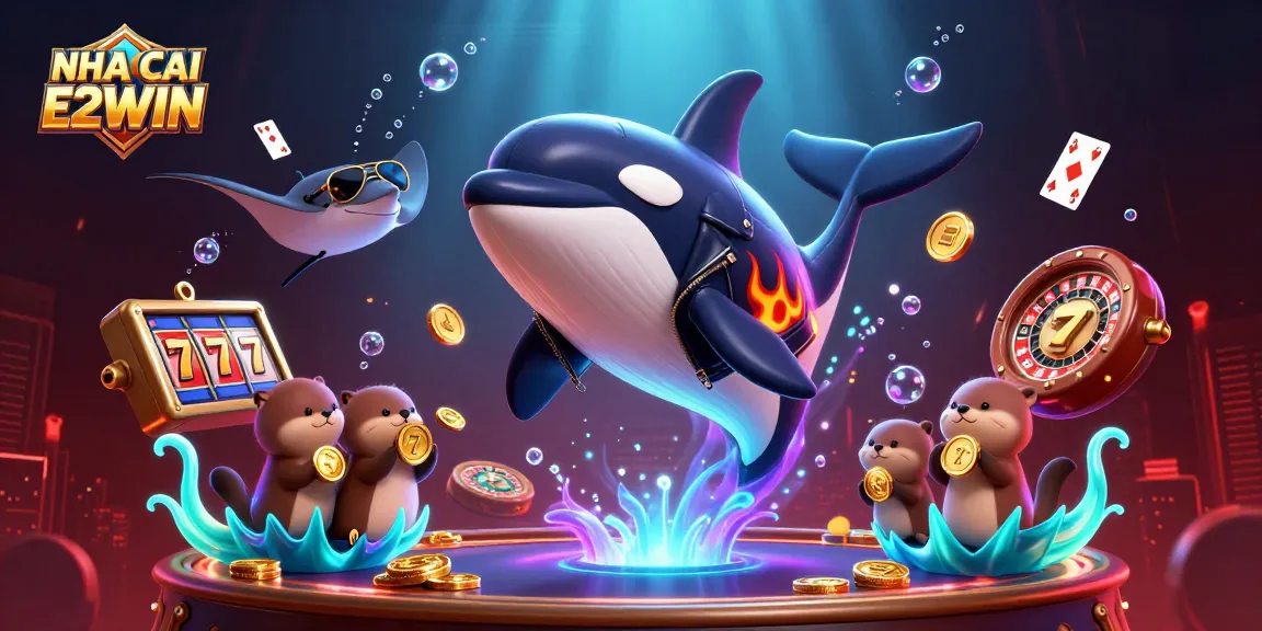 NHA CAI E2WIN showcases vibrant underwater casino adventure with cartoon characters and thrilling gaming elements.