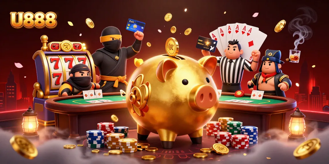 U888 offers thrilling gameplay with a lively illustration of a golden piggy bank sumo wrestling amidst vibrant casino elements.