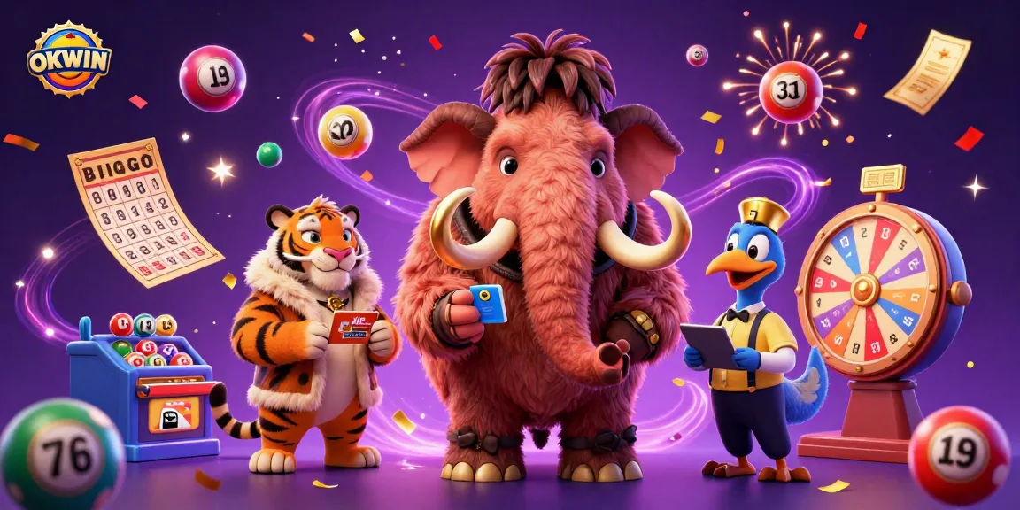 Experience the excitement at OKWIN with a dynamic casino scene featuring a woolly mammoth bouncer, saber-tooth VIP, and lively game elements.