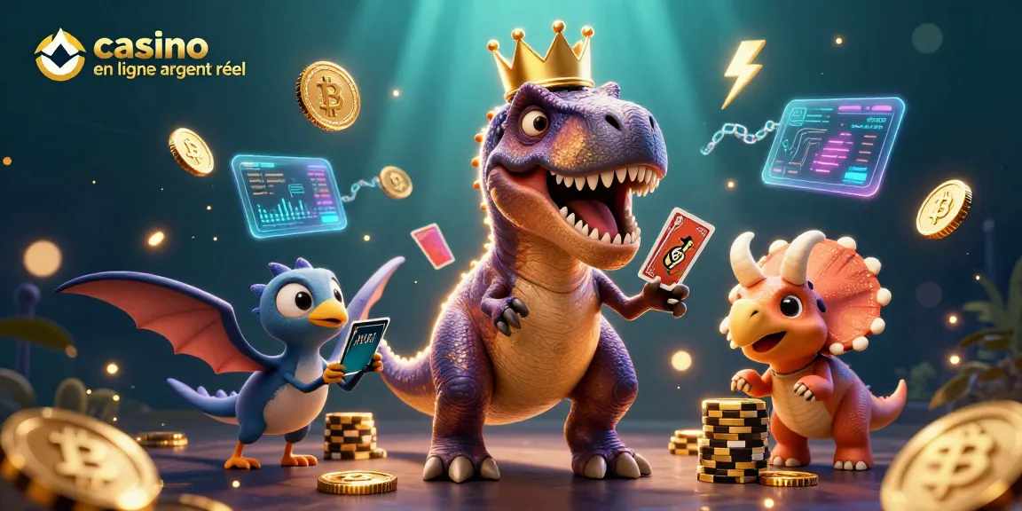 Jouer à des jeux de casino en ligne argent réel avec un T-Rex et un triceratops dans un monde coloré.