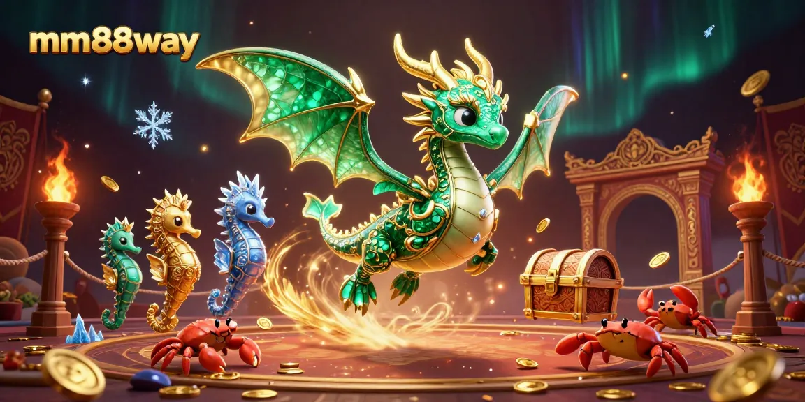Engage with mm88way's vibrant treasures as the sea dragon guards the jackpot in a colorful casino scene