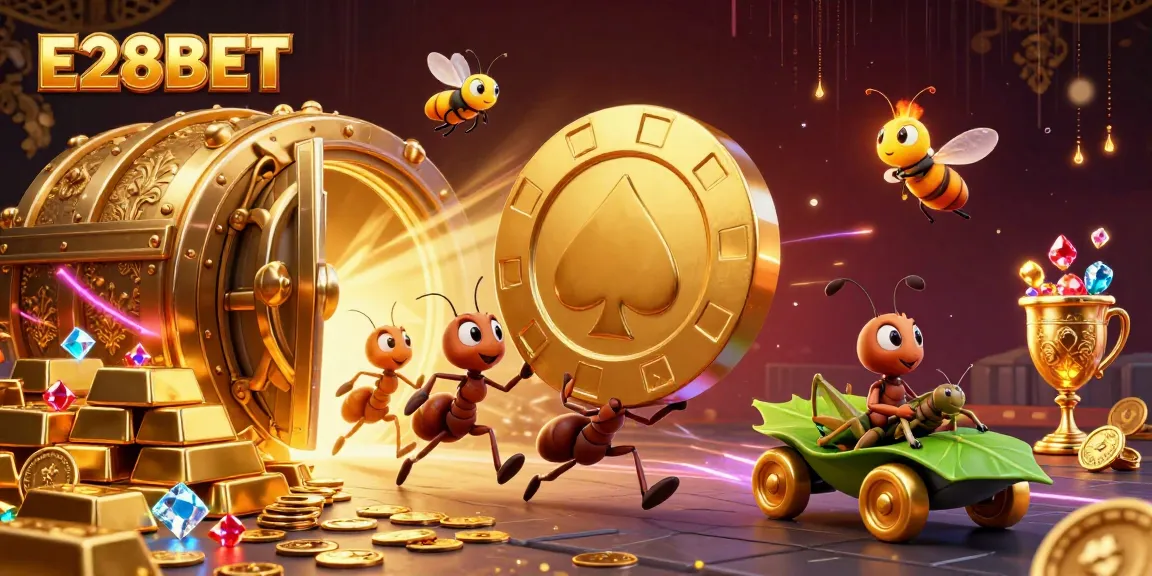 E28BET features a thrilling scene of cartoon ants heisting a giant poker chip in a vibrant casino tunnel.
