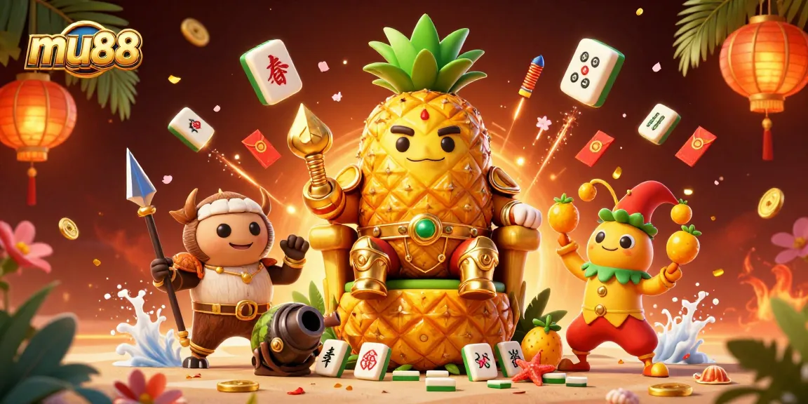 Experience the fun at mu88 with the vibrant casino scene featuring a pineapple king and playful characters.