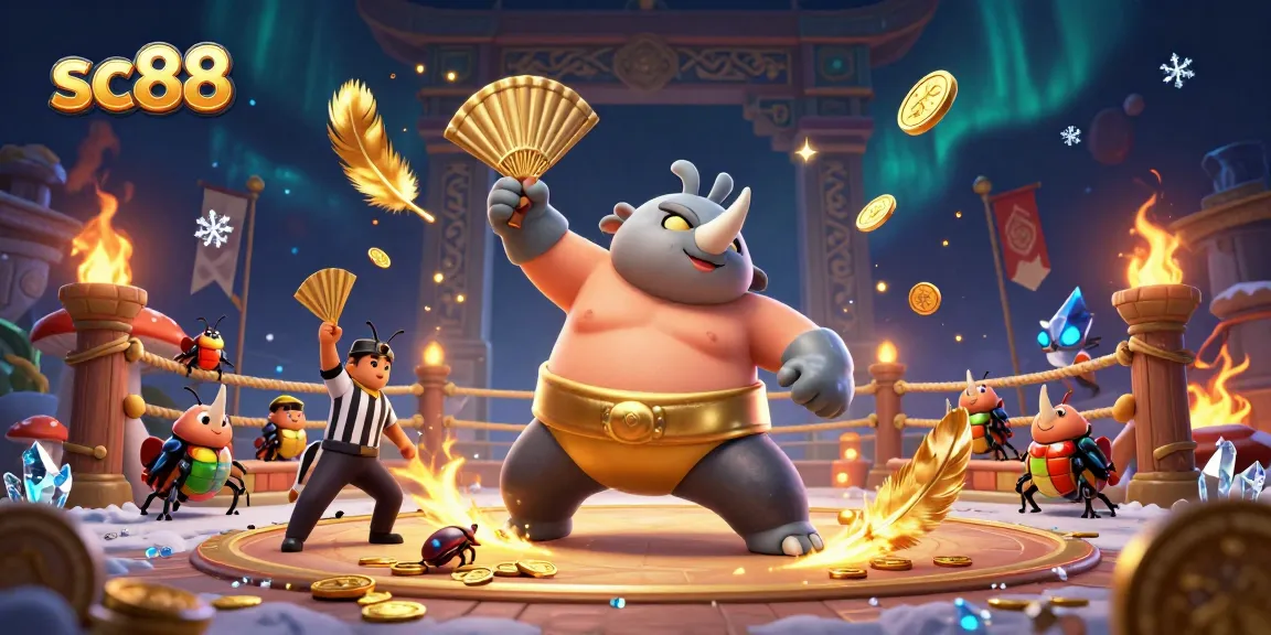 Sc88 features a dynamic beetle showdown in a mystical setting with golden coins and betting tokens.