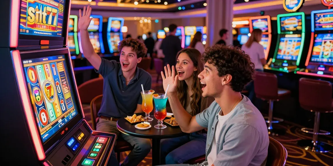 Friends enjoying the thrill of slot77 gaming in a vibrant casino atmosphere.