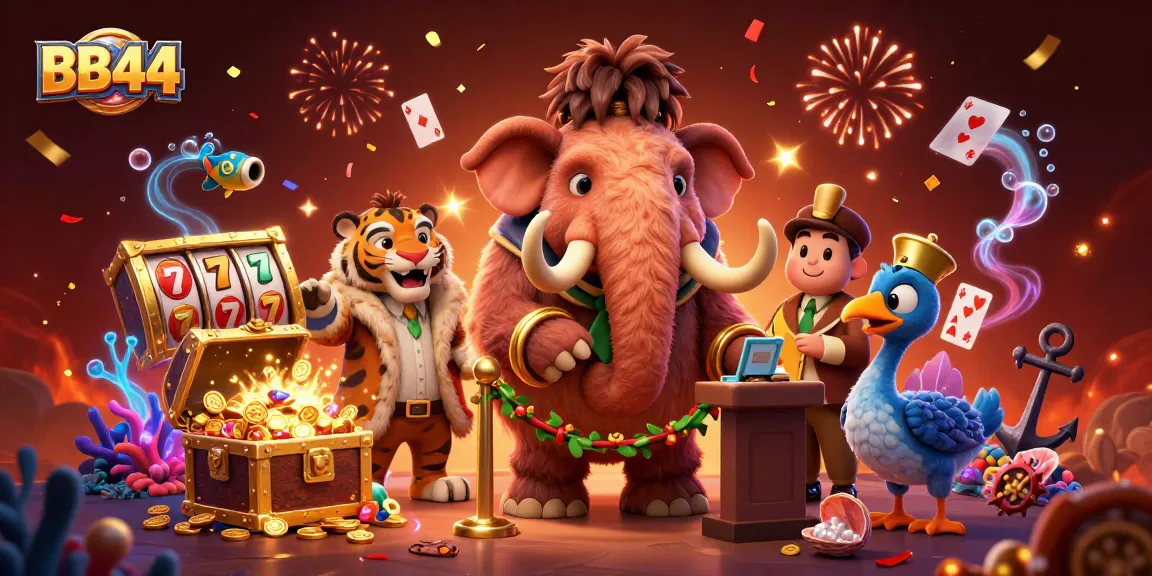 Experience the vibrant BB44 casino scene with a mammoth bouncer checking IDs amidst stunning slots and treasures.